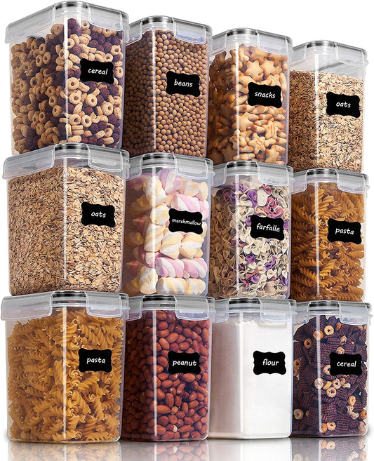 12-Piece Airtight Food Storage Containers (1.5 Qt / 1.6L) – BPA-Free Pantry Organizers for Sugar, Flour, Baking Supplies – Dishwasher Safe – Includes 24 Labels – Black Lids