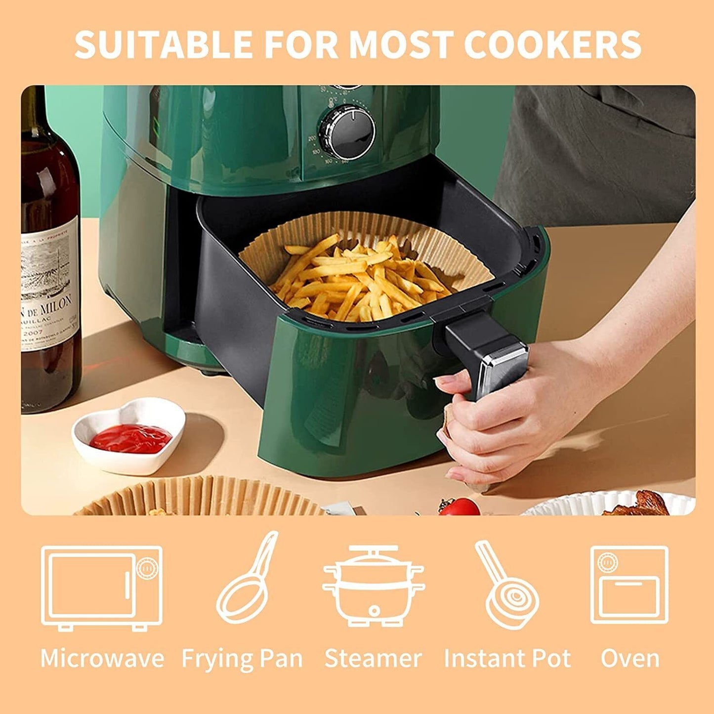 200PCS Air Fryer Disposable Paper Liners – 6.3” Round Non-Stick Parchment Paper for Easy, Mess-Free Cooking